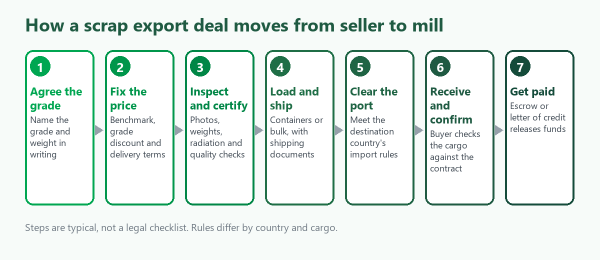 Seven-step flow of a scrap export deal: agree the grade, fix the price, inspect and certify, load and ship, clear the port, receive and confirm, and get paid through escrow or a letter of credit