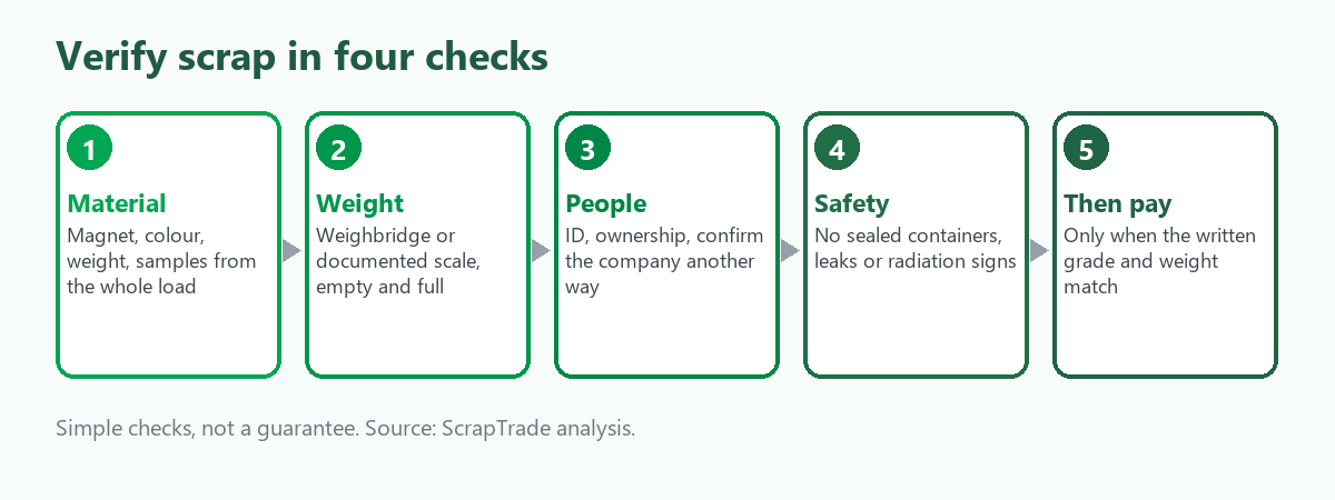 Four-step flow for verifying scrap: check the material, check the weight, check the people, check the safety, then pay