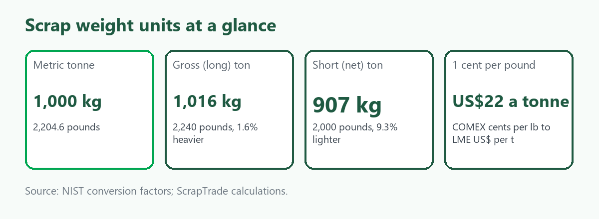 Four-tile card on scrap weight units: a metric tonne is 1,000 kg, a gross ton is 1,016 kg, a short ton is 907 kg, and one cent per pound is about US$22 a tonne