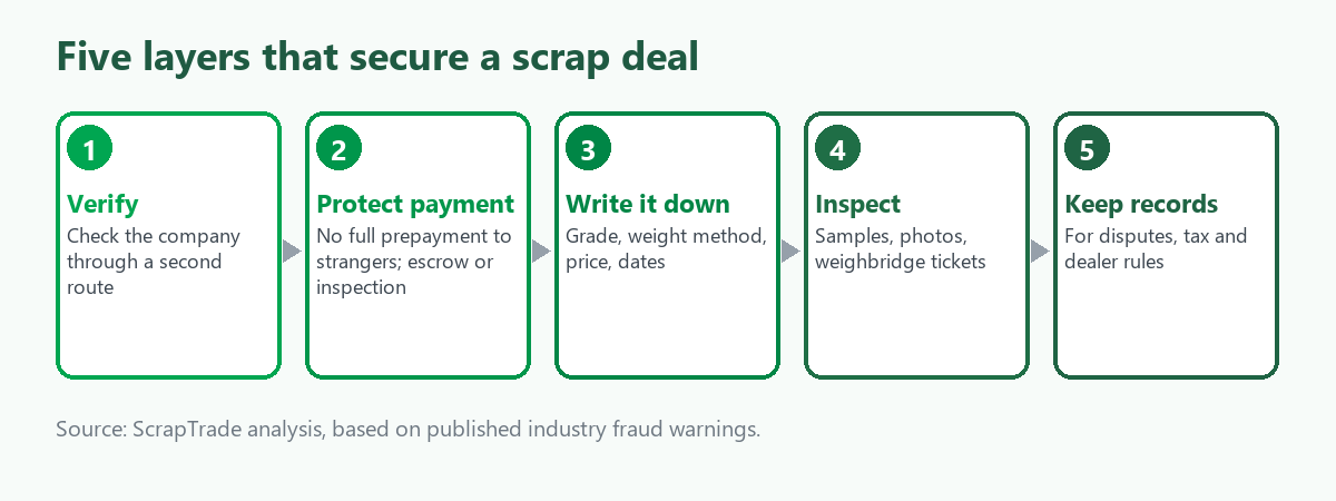 Five-step flow for securing a scrap deal: verify the other side, protect the payment, write it down, inspect before release, keep records