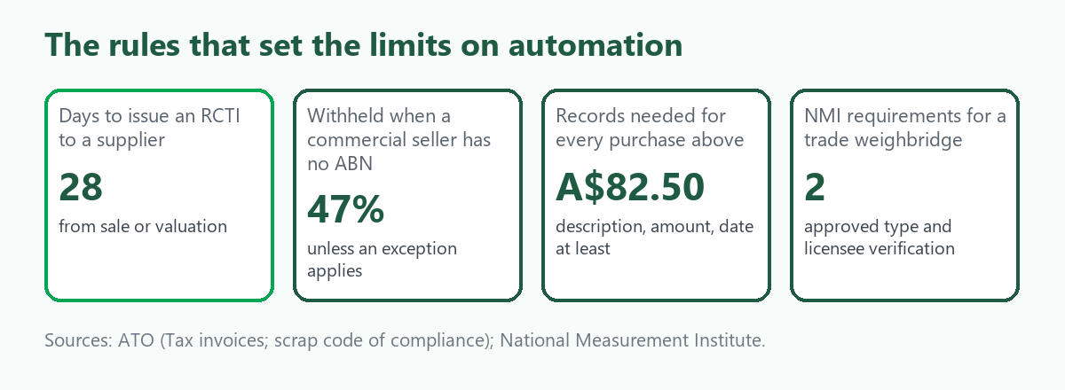 Four tiles: 28 days to issue an RCTI, 47 percent withheld when a commercial seller has no ABN, records needed for every purchase from 82.50 dollars, and two NMI requirements for a trade weighbridge, approved type and licensee verification