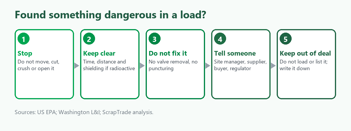 Five-step response to finding a dangerous item in scrap: stop, do not touch or cut it, keep people away, tell the right person, keep the load out of the deal