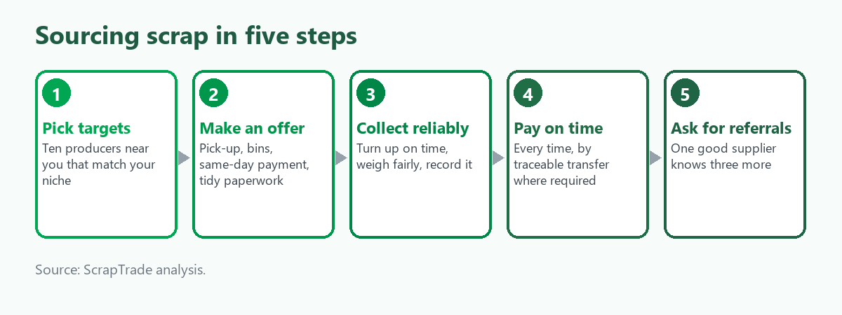 Five-step flow for sourcing scrap: pick targets, make a simple offer, collect reliably, pay on time, then ask for referrals