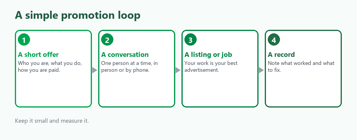 A simple promotion loop: a short offer, a conversation, a listing or job, and a record of what worked