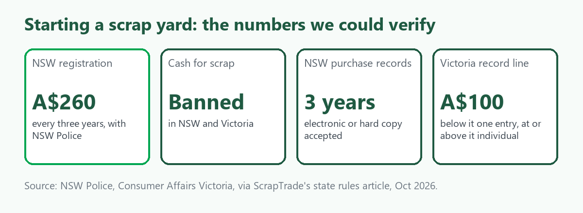 Four tiles: NSW registration costs A$260 every three years, cash for scrap is banned in NSW and Victoria, NSW purchase records are kept three years, and A$100 is the Victorian line between one logged entry and individual records