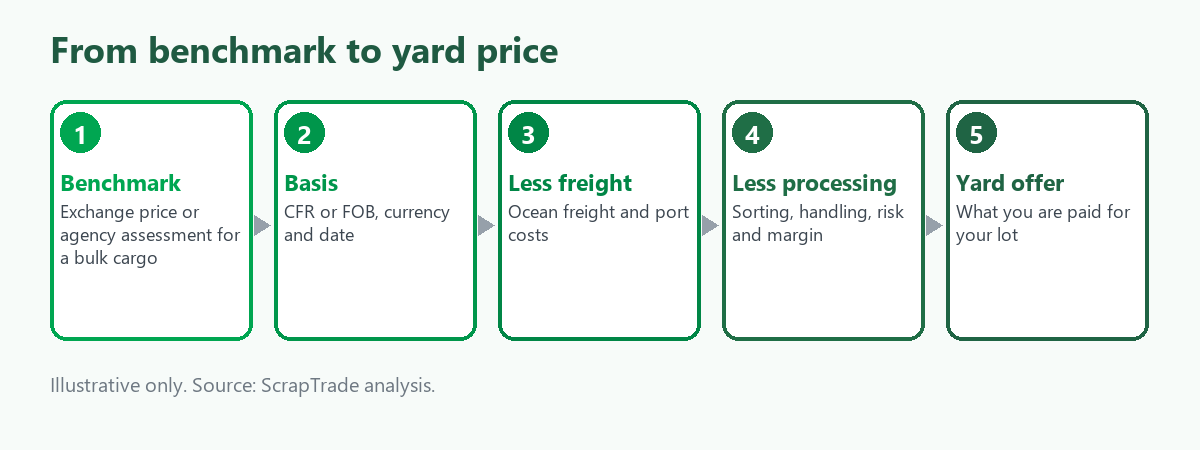 Five-step flow from a scrap benchmark price to a yard price: benchmark, shipping basis, freight, processing and handling, yard offer