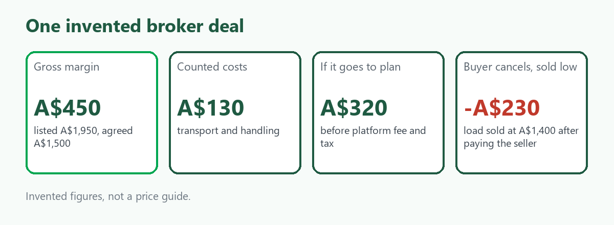 Four tiles of an invented broker deal: A$450 gross margin, A$130 costs, A$320 left when it goes to plan before fees and tax, and a A$230 loss if the buyer cancels and the load sells below cost